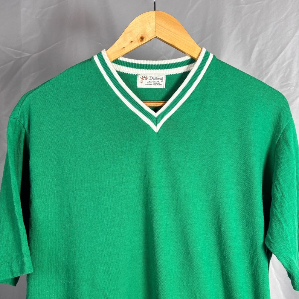 Vtg Diplomat Mens Green Cotton Single Stitch V-Neck Nightshirt Sleepshirt Med.